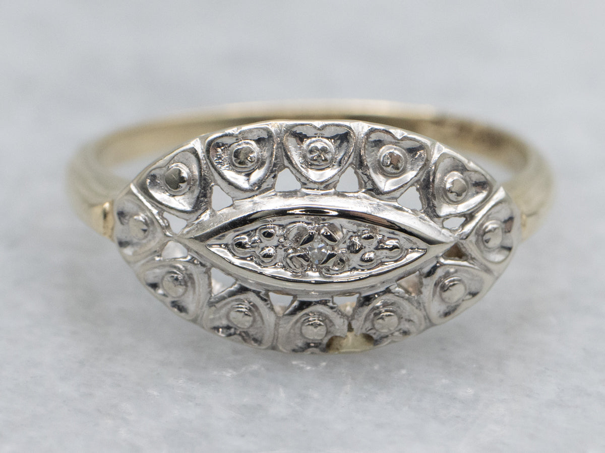 Vintage Two-Tone Gold Heart Pattern Diamond Ring