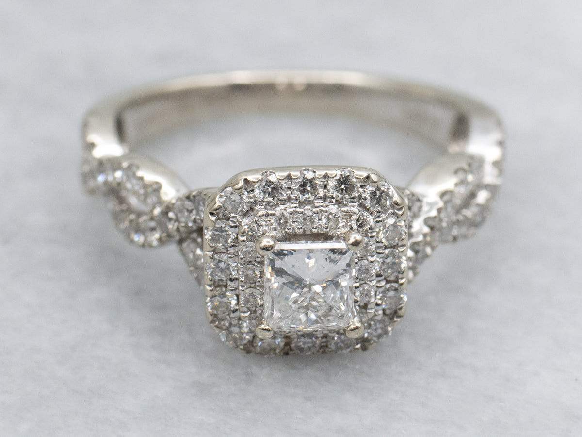 Princess Cut Diamond and Double Halo Vera Wang Engagement Ring with Sapphire Accents