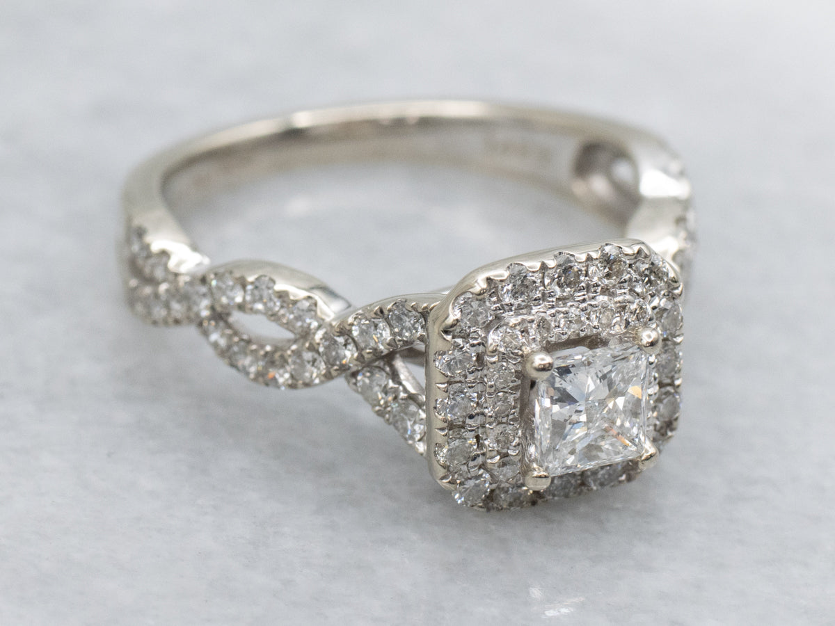 Princess Cut Diamond and Double Halo Vera Wang Engagement Ring with Sapphire Accents