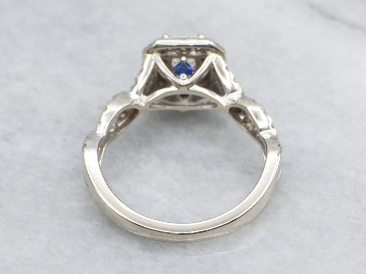 Princess Cut Diamond and Double Halo Vera Wang Engagement Ring with Sapphire Accents