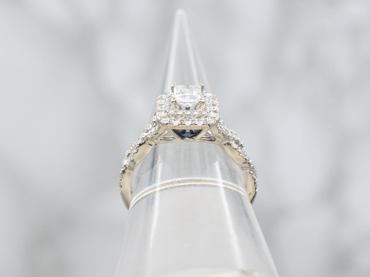 Princess Cut Diamond and Double Halo Vera Wang Engagement Ring with Sapphire Accents
