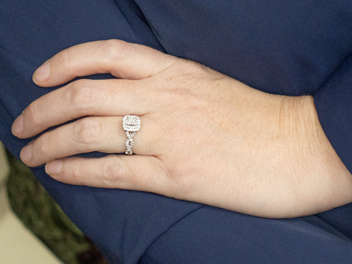 Princess Cut Diamond and Double Halo Vera Wang Engagement Ring with Sapphire Accents