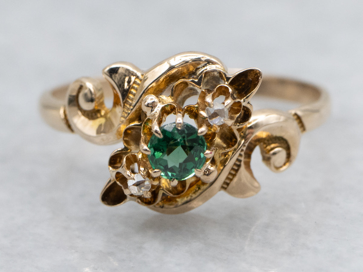 Victorian Emerald Doublet and Rose Cut Diamond Bypass Ring