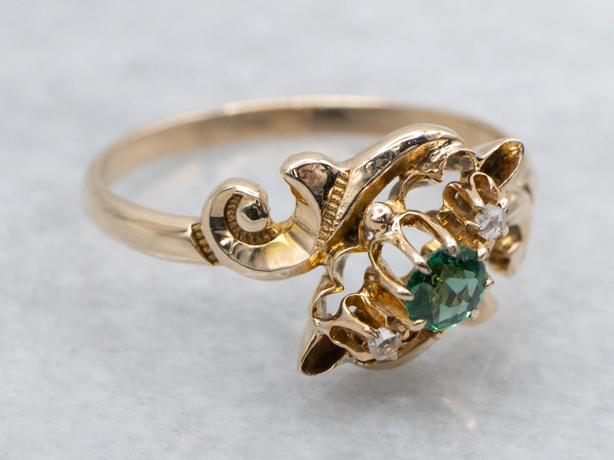 Victorian Emerald Doublet and Rose Cut Diamond Bypass Ring