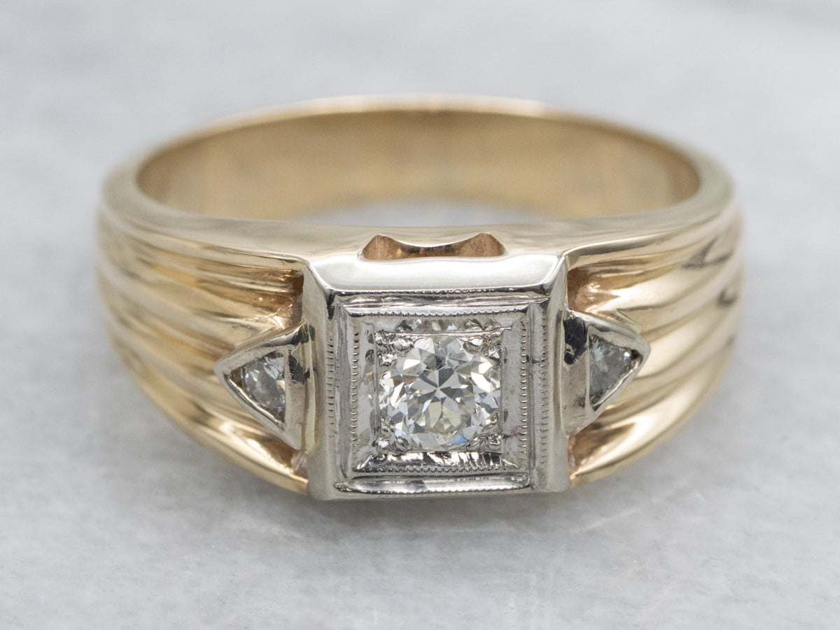 Men's 1950s Two-Tone Gold European Cut Diamond Ring