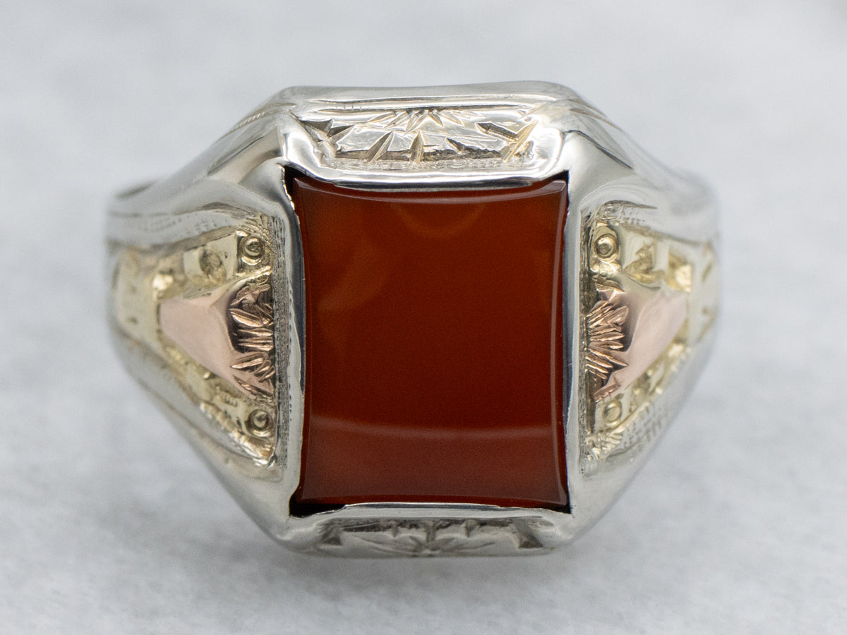 Antique Hand-Engraved Tri-Color Gold Unisex Carnelian Ring
