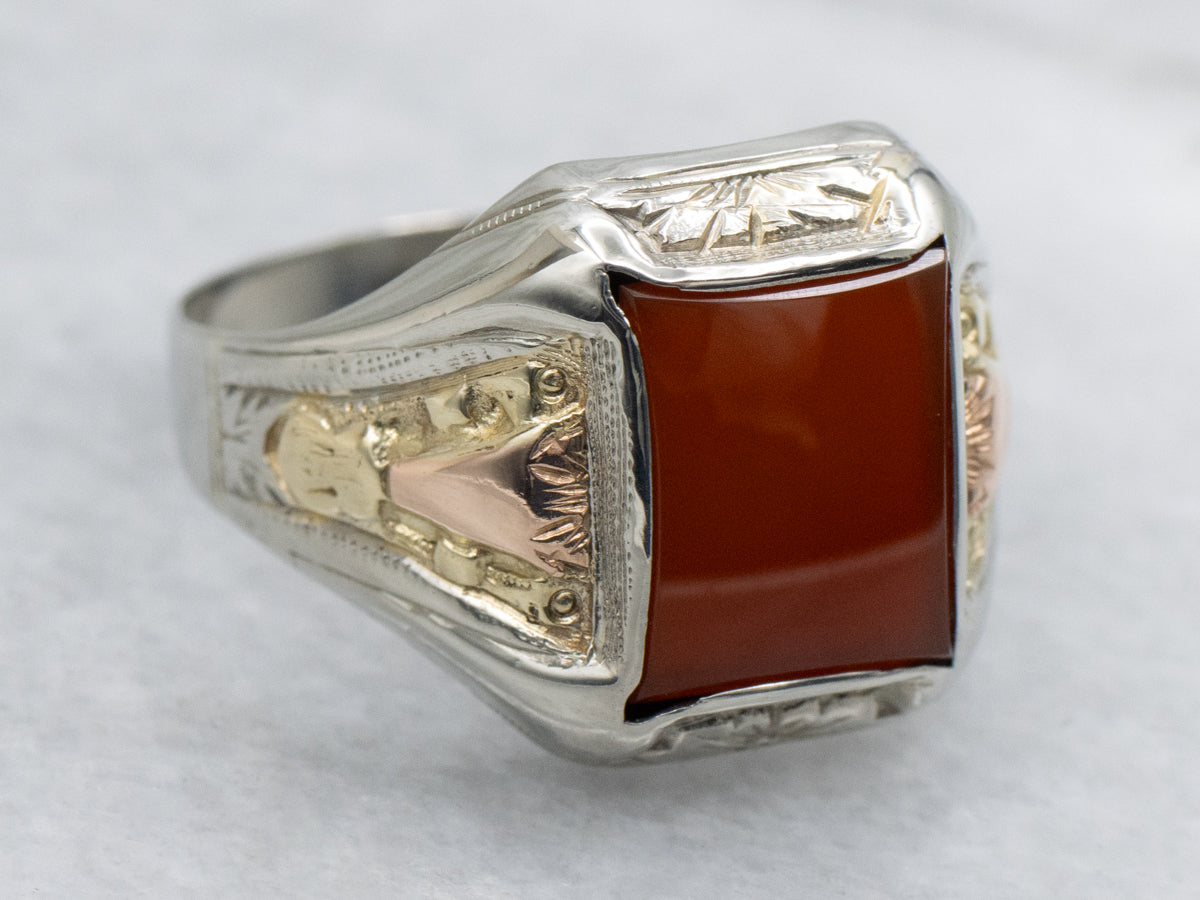 Antique Hand-Engraved Tri-Color Gold Unisex Carnelian Ring