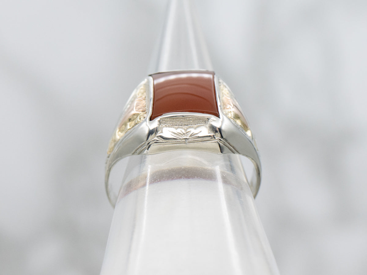 Antique Hand-Engraved Tri-Color Gold Unisex Carnelian Ring