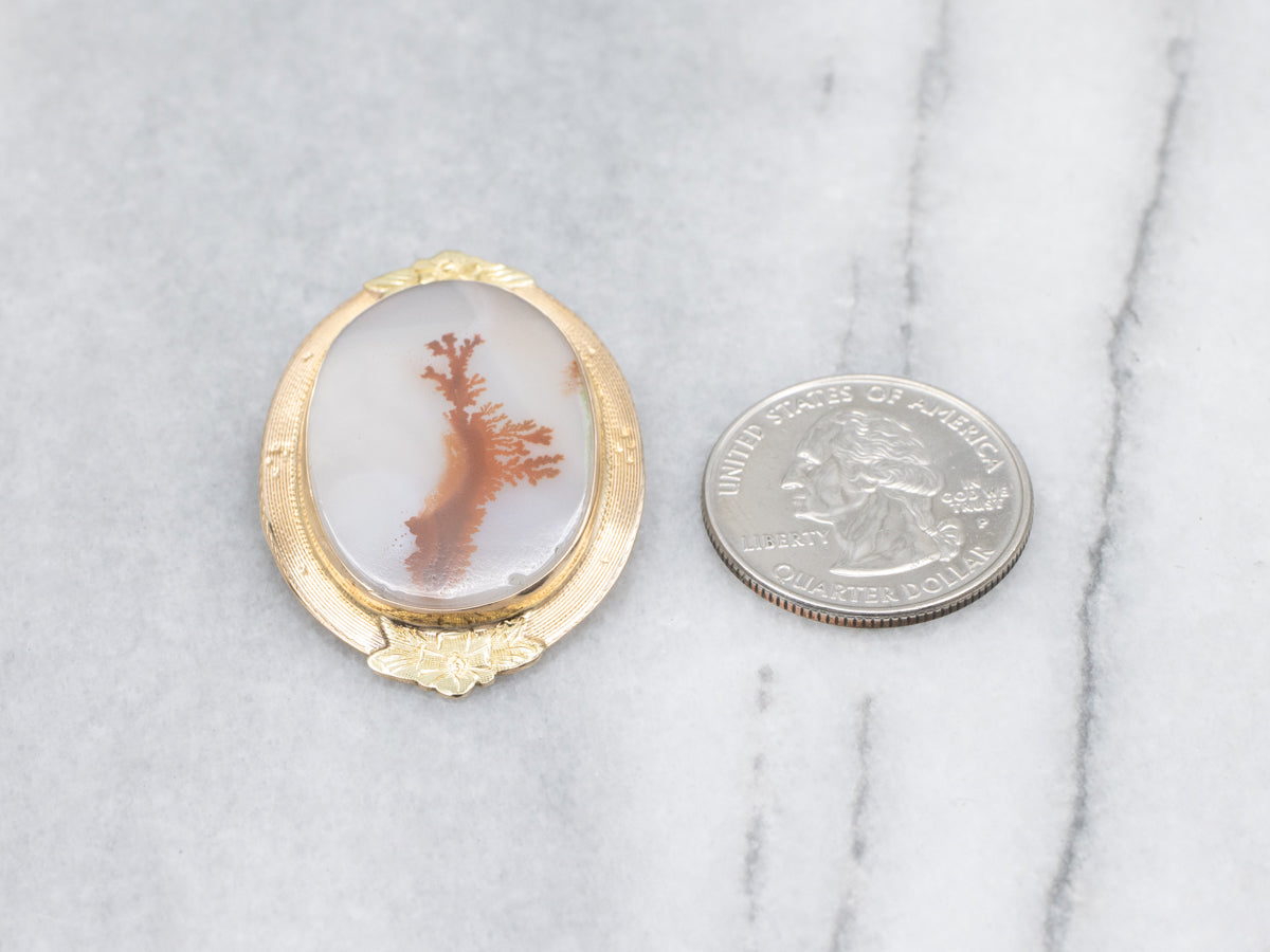 Vintage Dendritic Agate Floral Yellow Gold Pendant