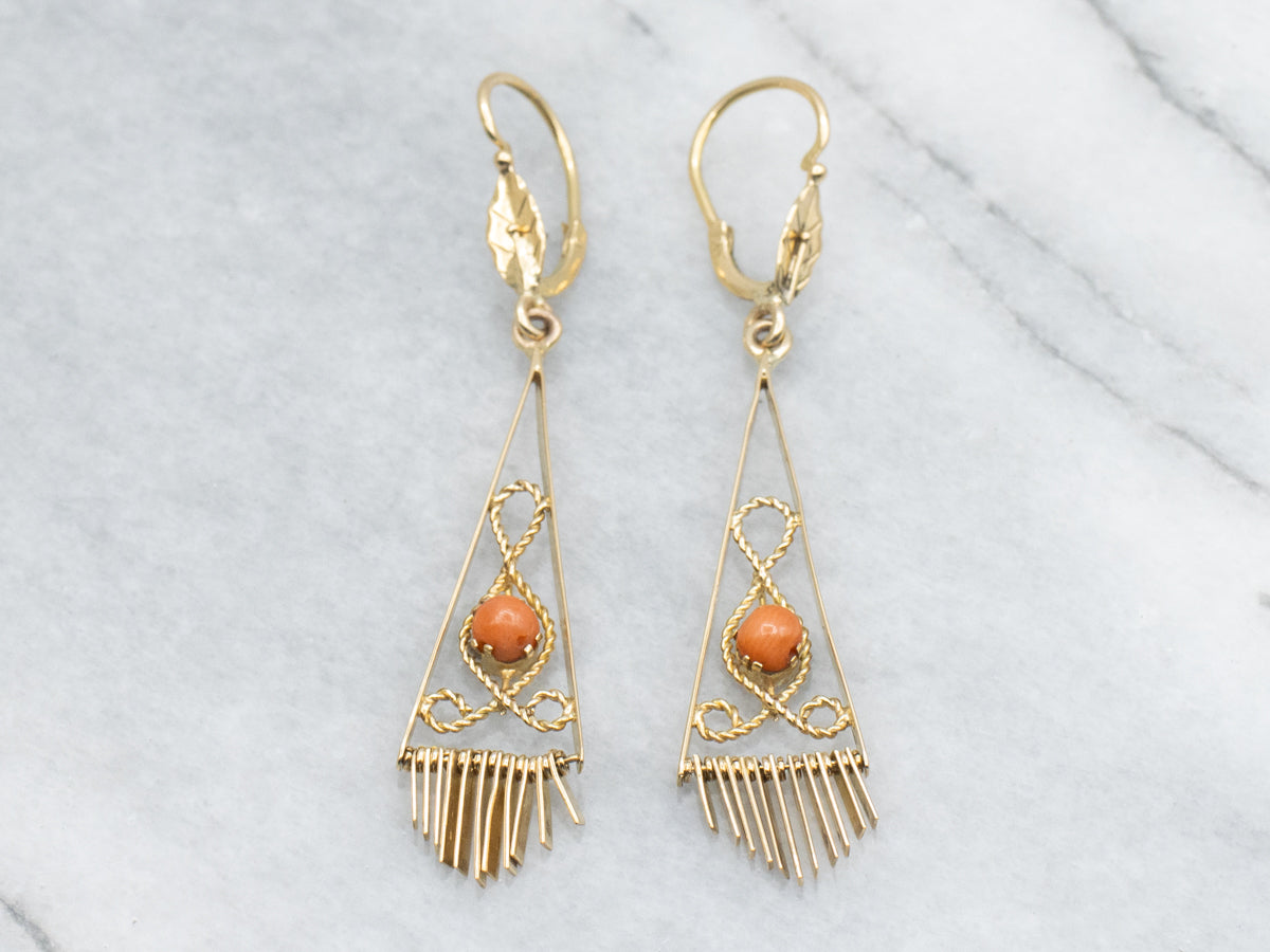 Vintage Coral Rope Twist Gold Fringed Dangle Earrings