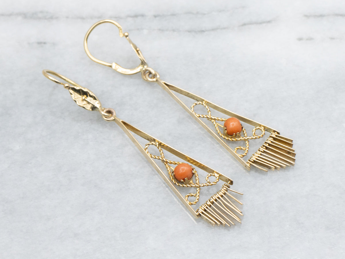 Vintage Coral Rope Twist Gold Fringed Dangle Earrings