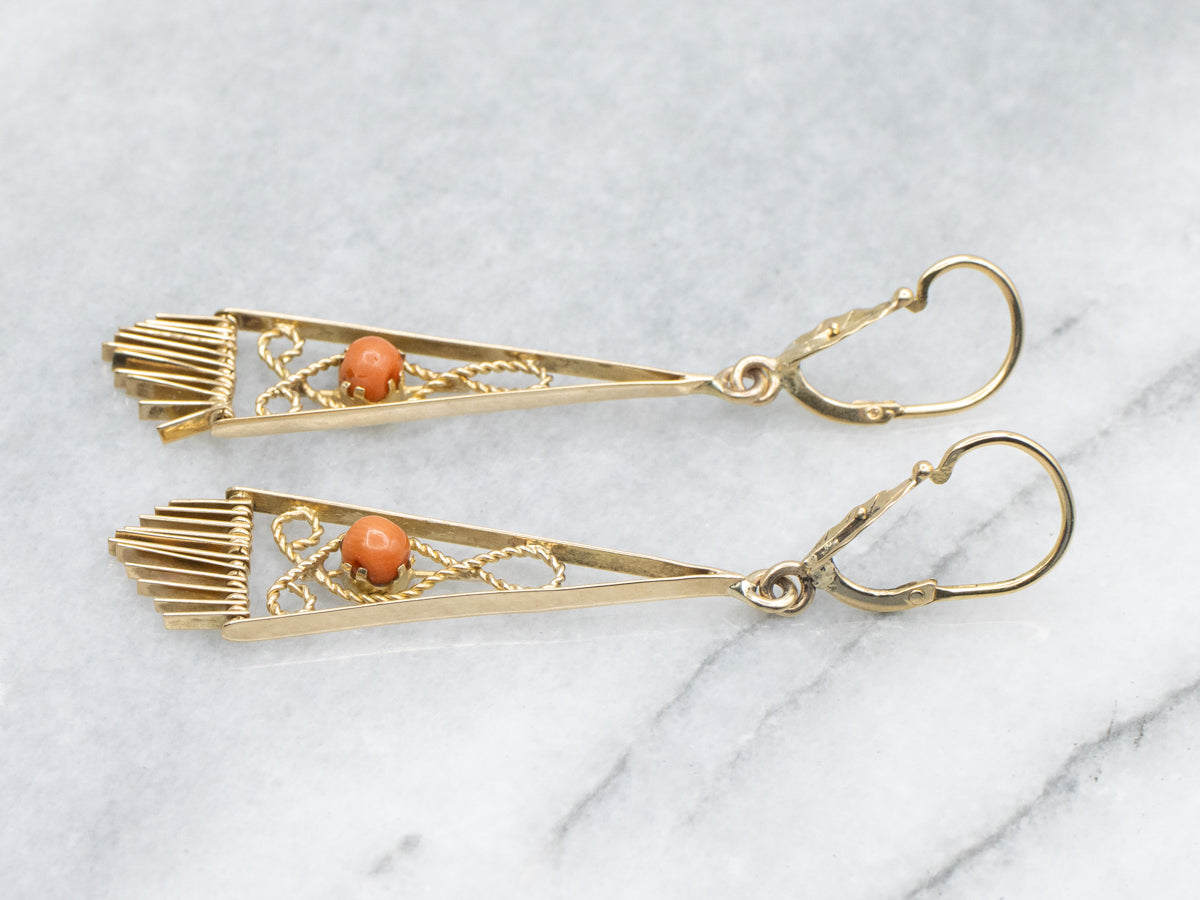Vintage Coral Rope Twist Gold Fringed Dangle Earrings