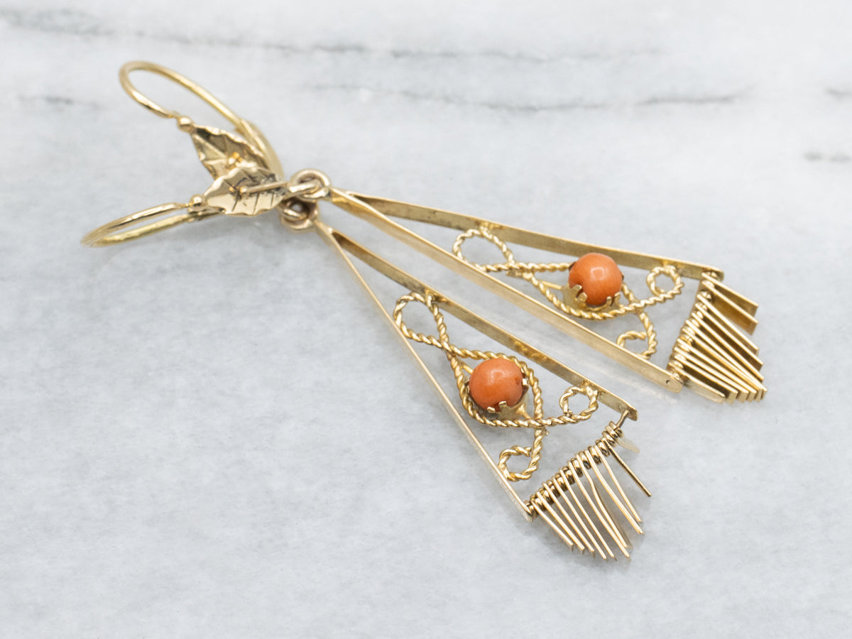 Vintage Coral Rope Twist Gold Fringed Dangle Earrings