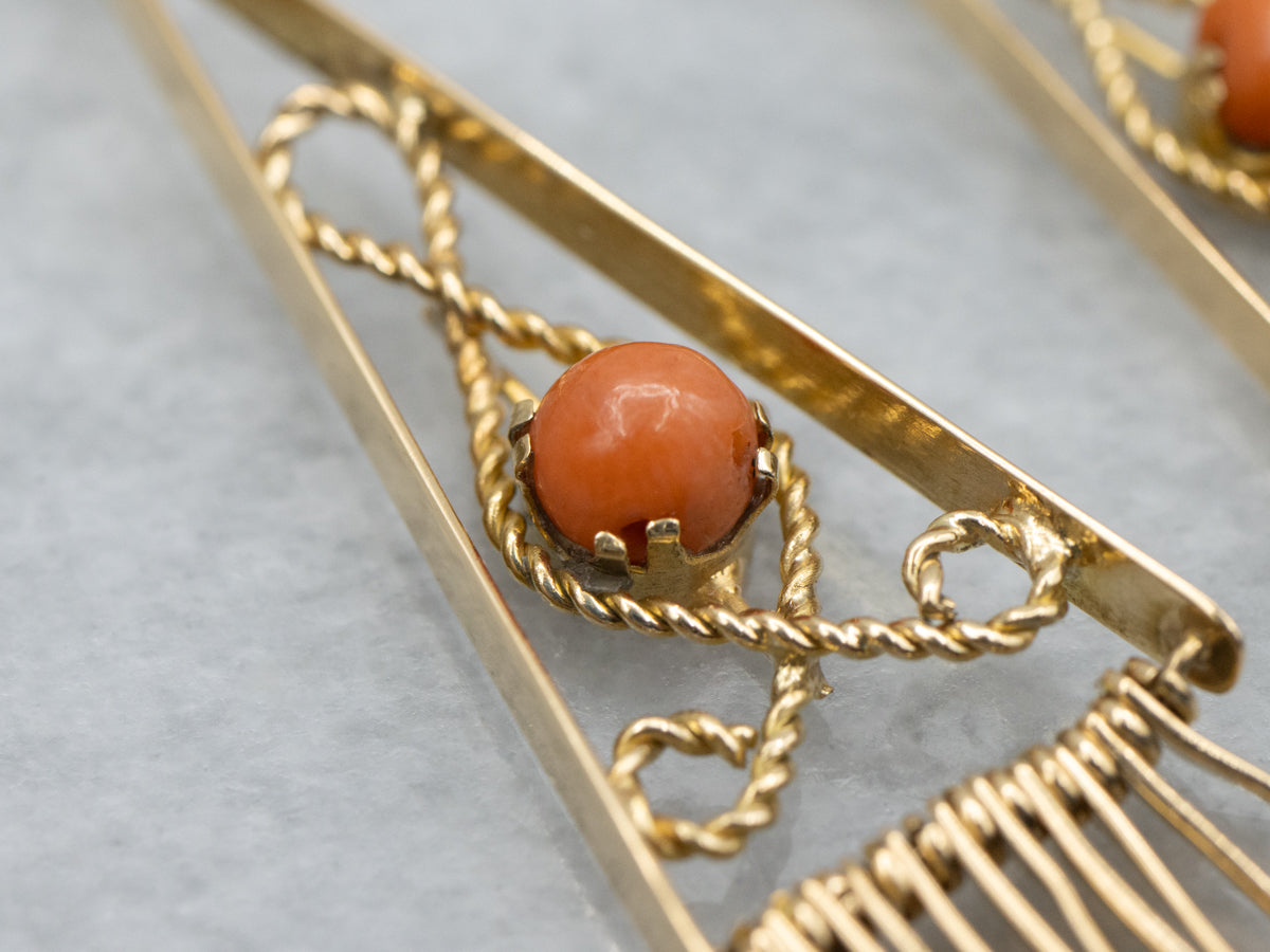 Vintage Coral Rope Twist Gold Fringed Dangle Earrings