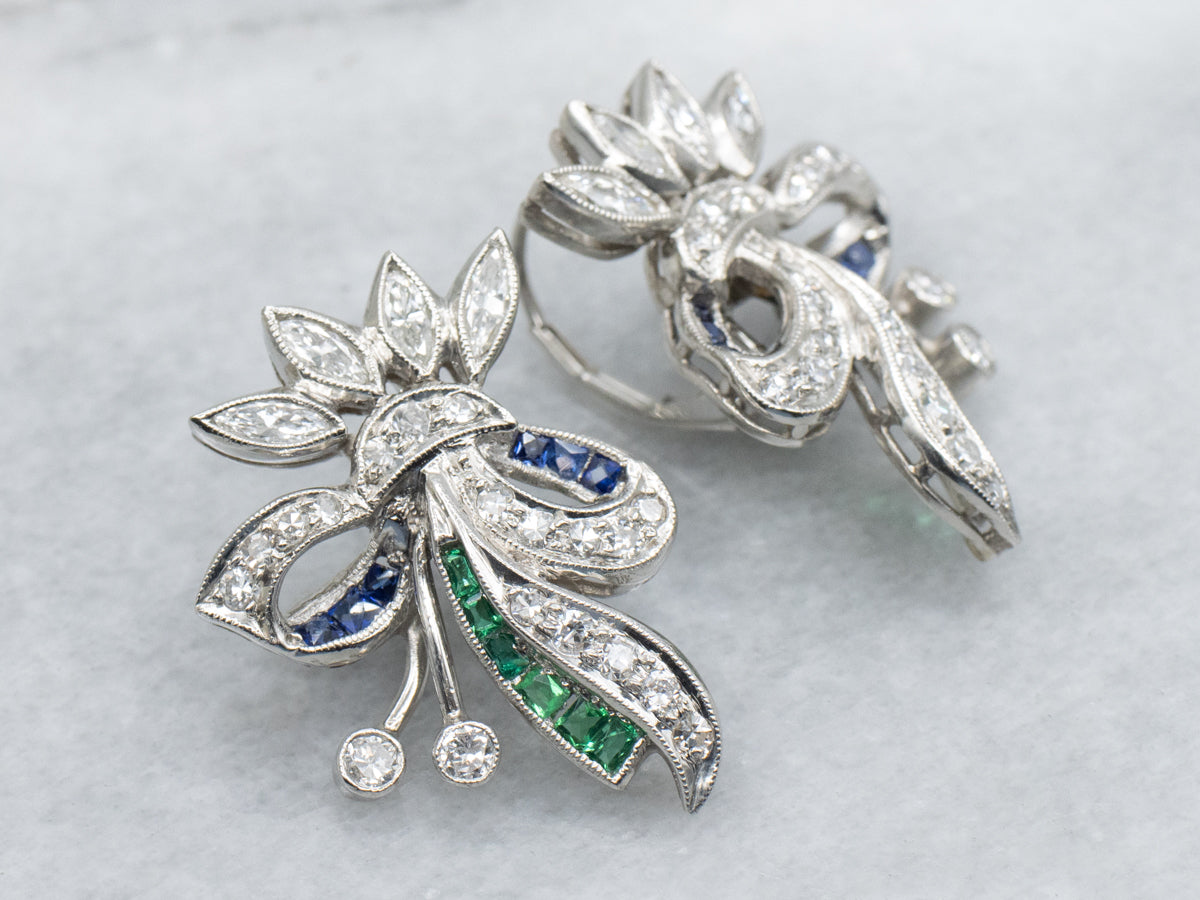 Vintage Old Mine Cut Diamond Platinum Earrings with Emerald and Sapphire Accents
