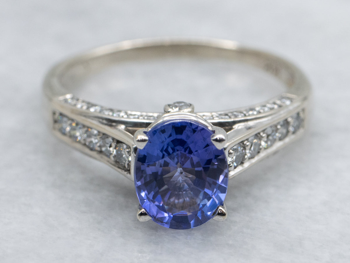 Modern Tanzanite and Diamond White Gold Ring