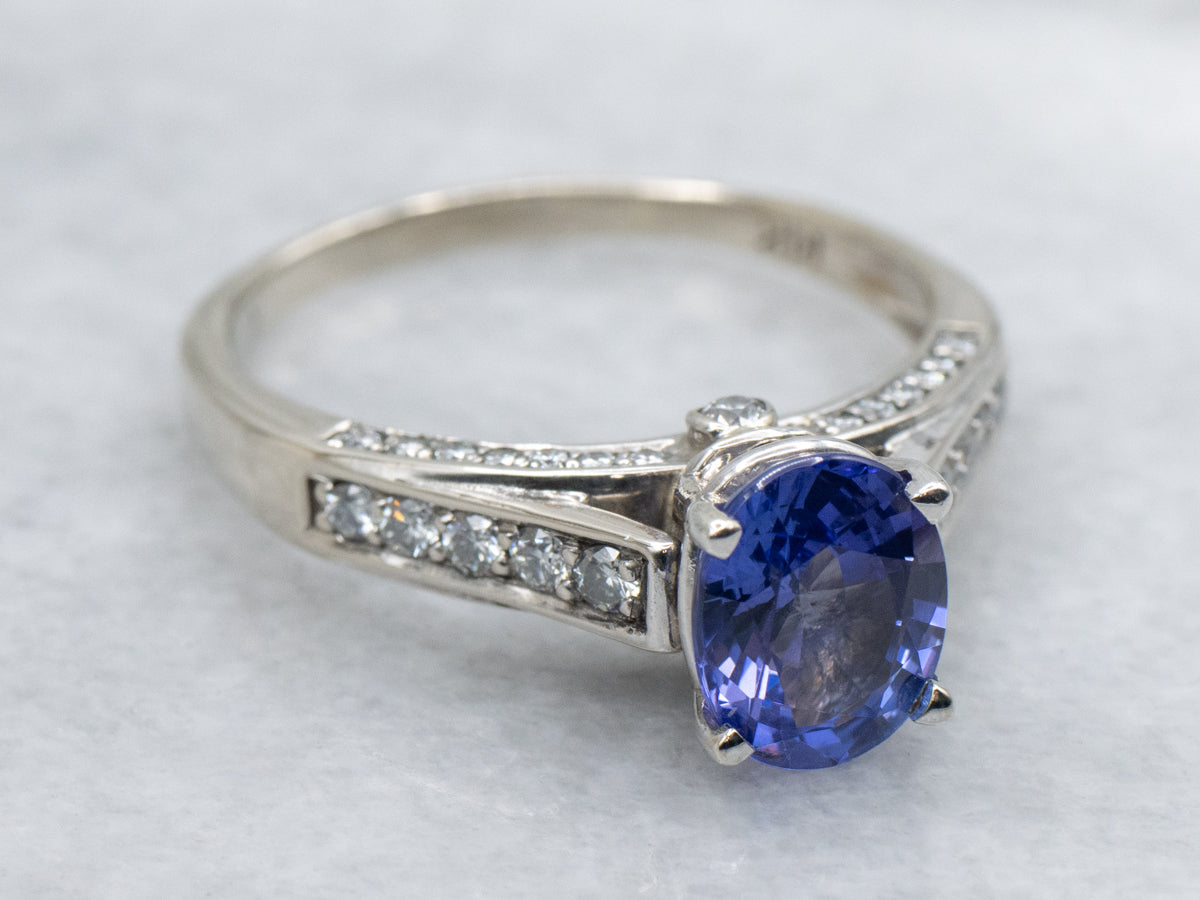 Modern Tanzanite and Diamond White Gold Ring