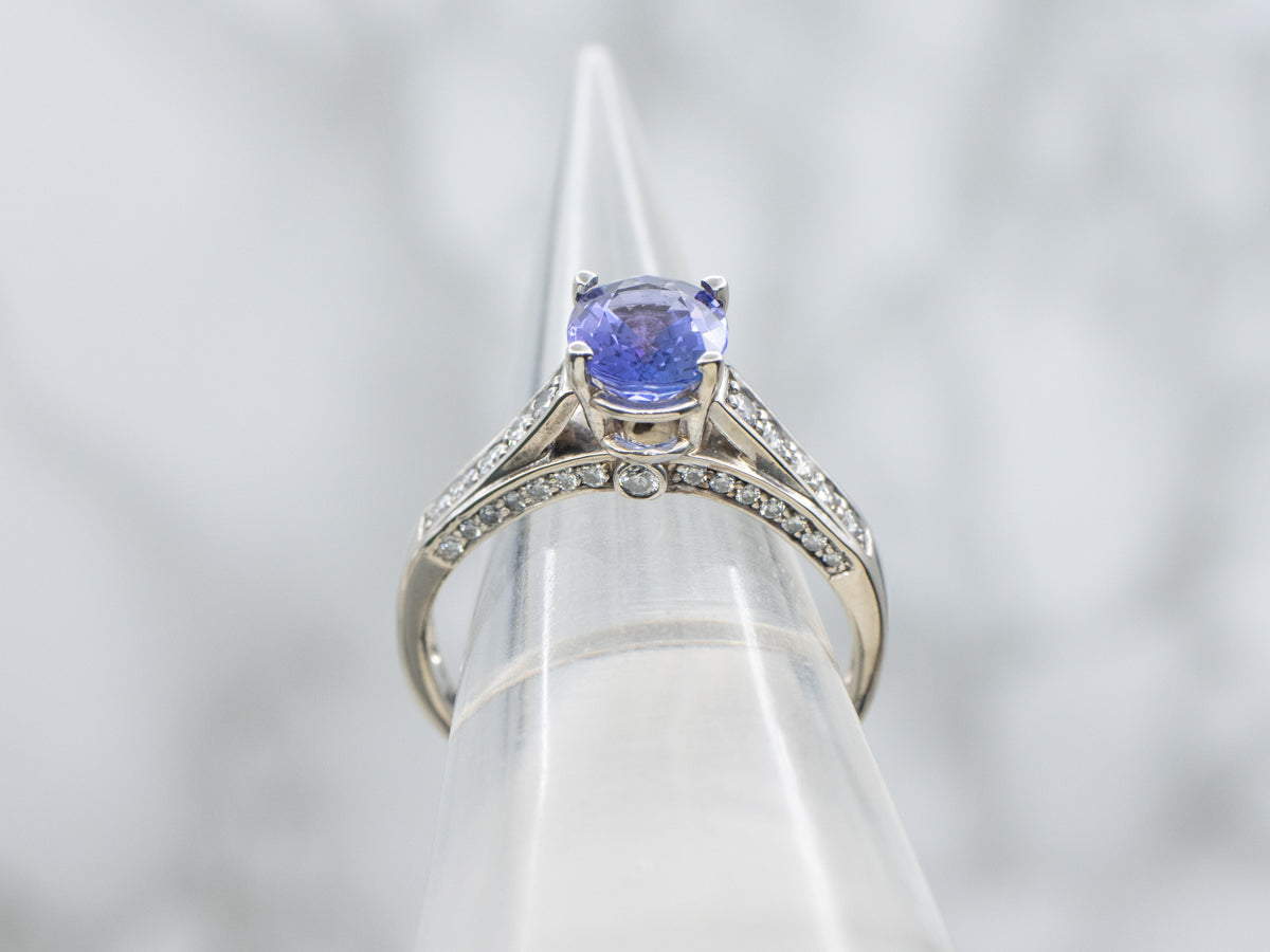 Modern Tanzanite and Diamond White Gold Ring