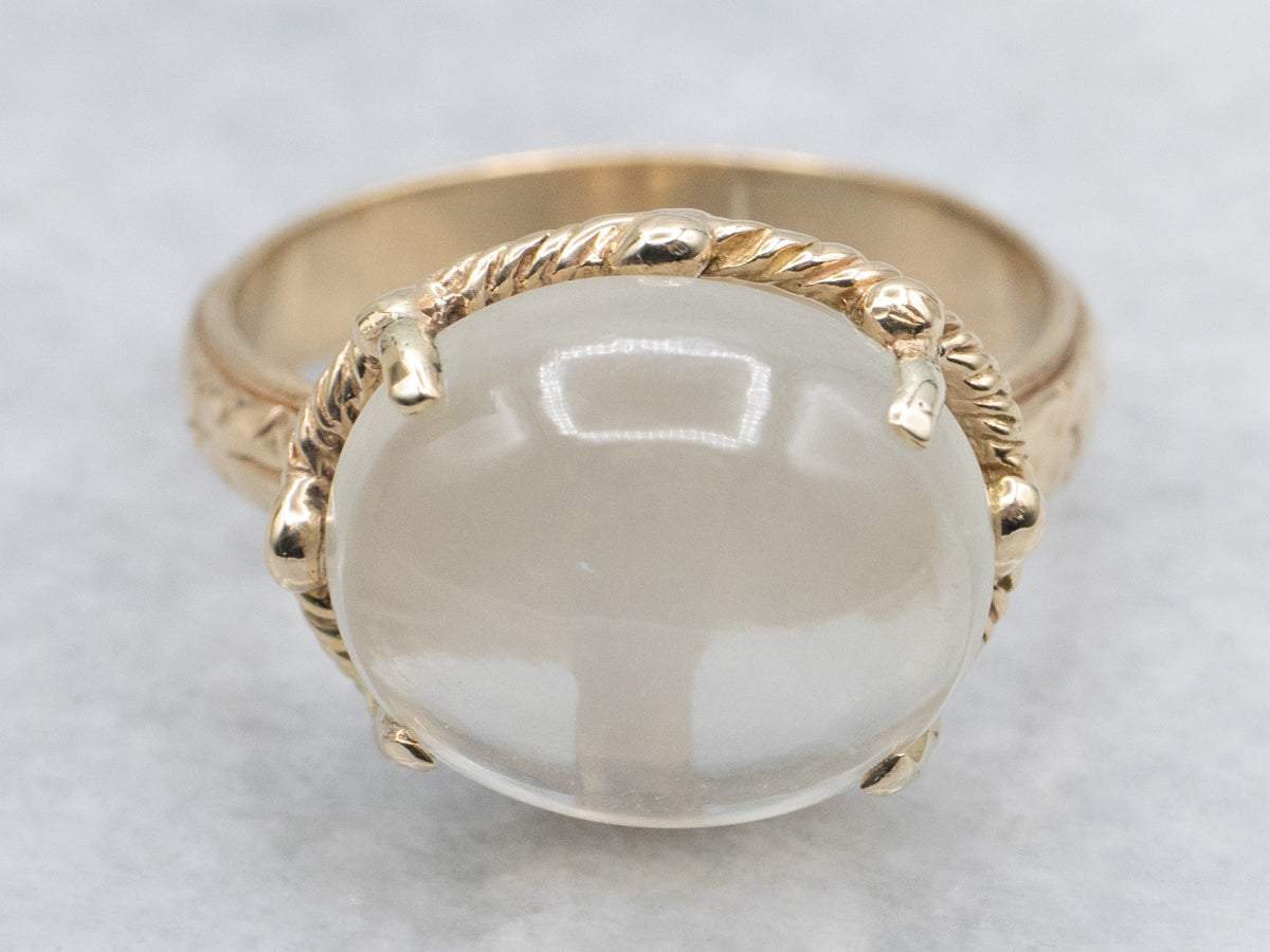 East-West Set Moonstone Gold Solitaire Ring with Rope Setting