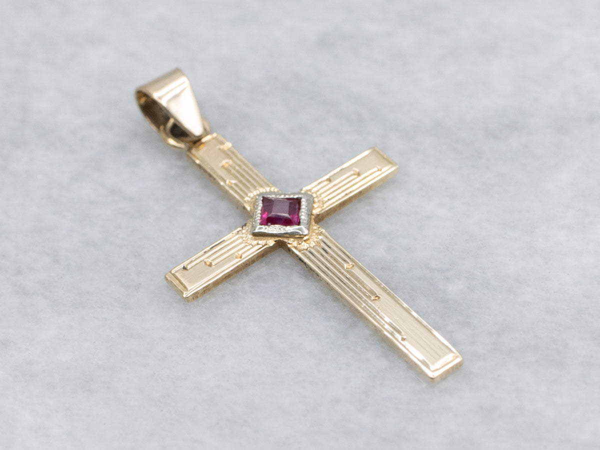 Retro Era Engraved Gold Ruby Cross Pendant