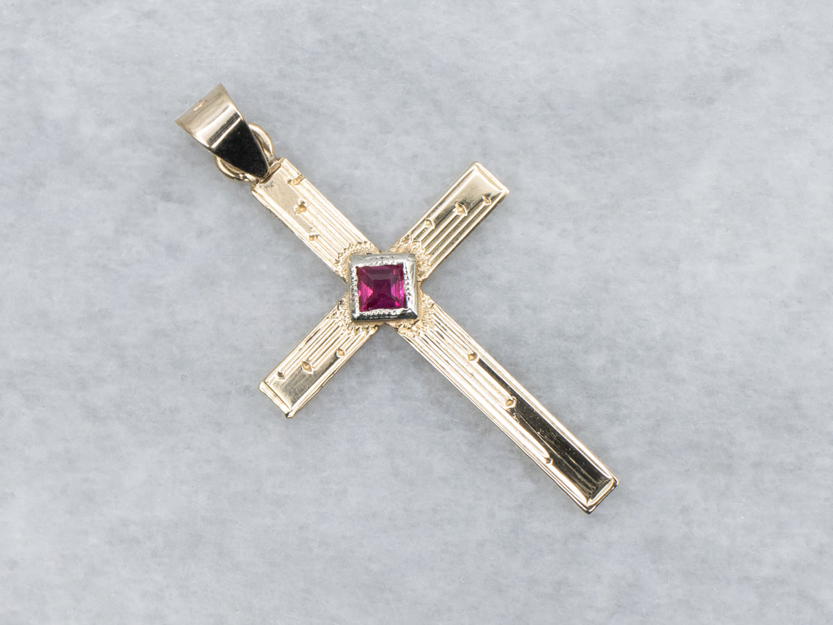 Retro Era Engraved Gold Ruby Cross Pendant