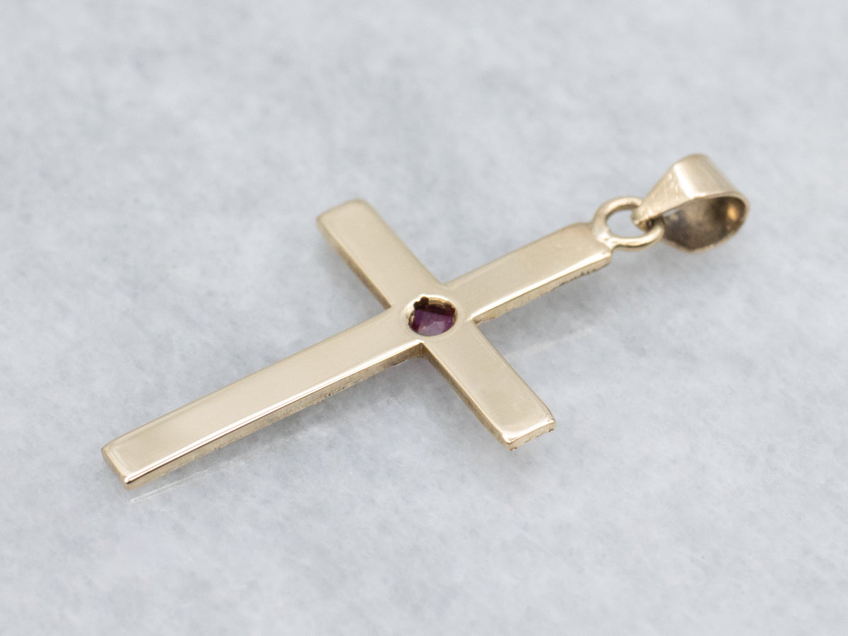 Retro Era Engraved Gold Ruby Cross Pendant
