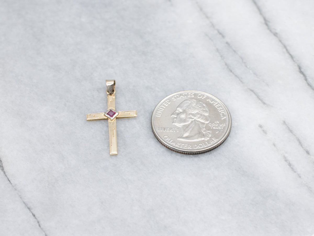 Retro Era Engraved Gold Ruby Cross Pendant