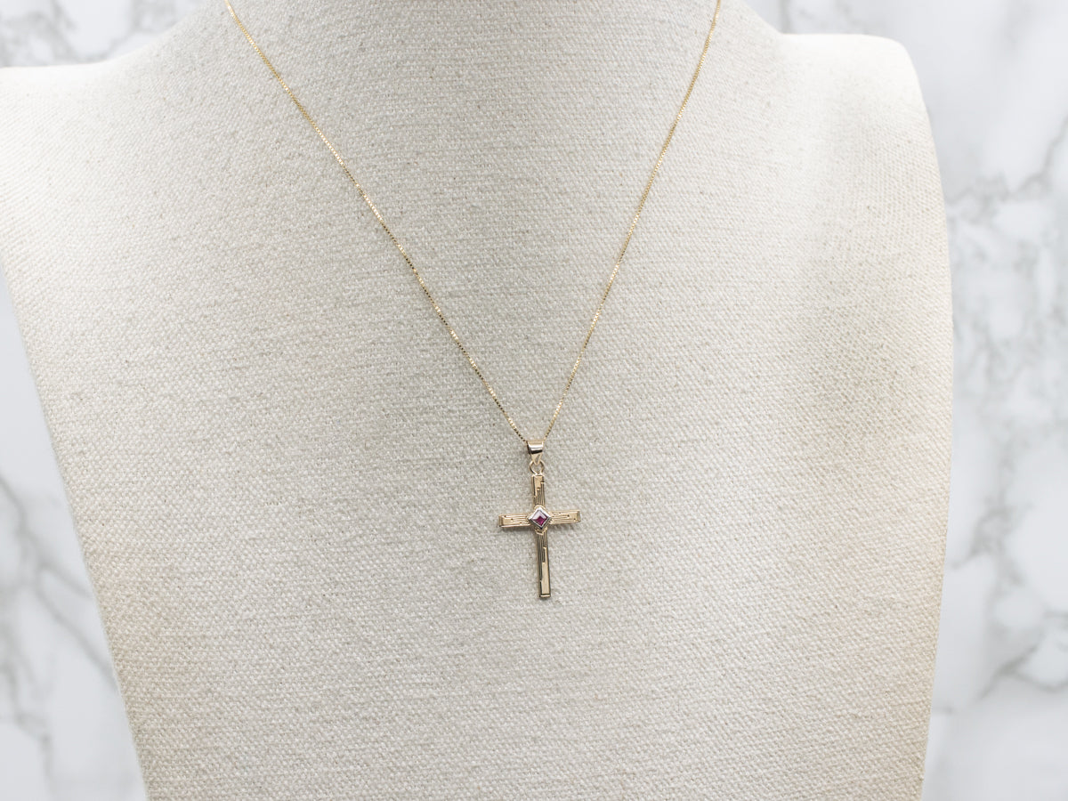 Retro Era Engraved Gold Ruby Cross Pendant
