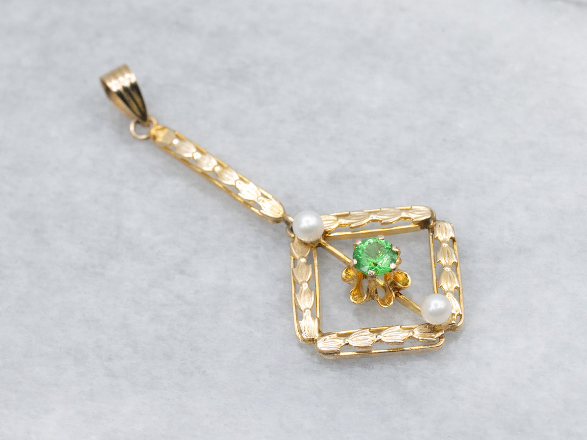 Green Garnet and Pearl Antique Gold Lavalier Pendant