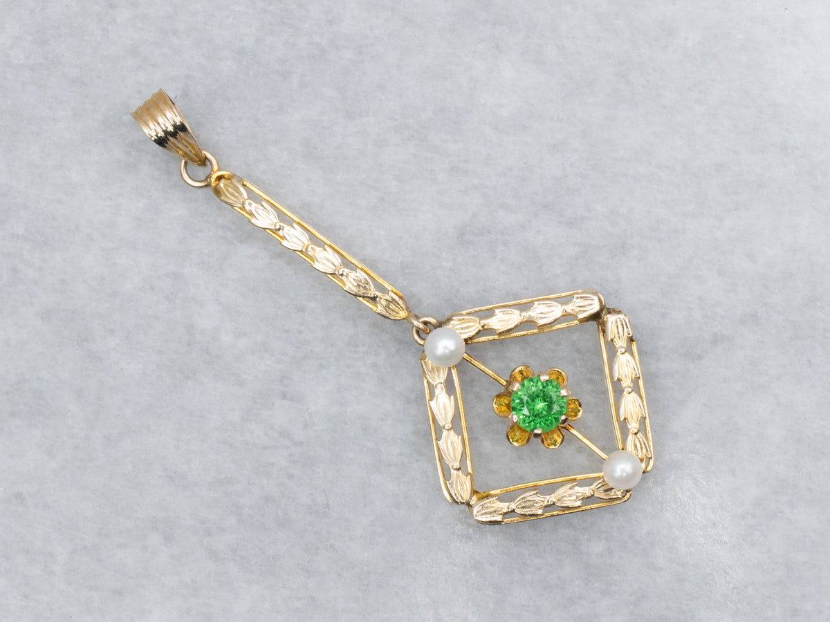 Green Garnet and Pearl Antique Gold Lavalier Pendant