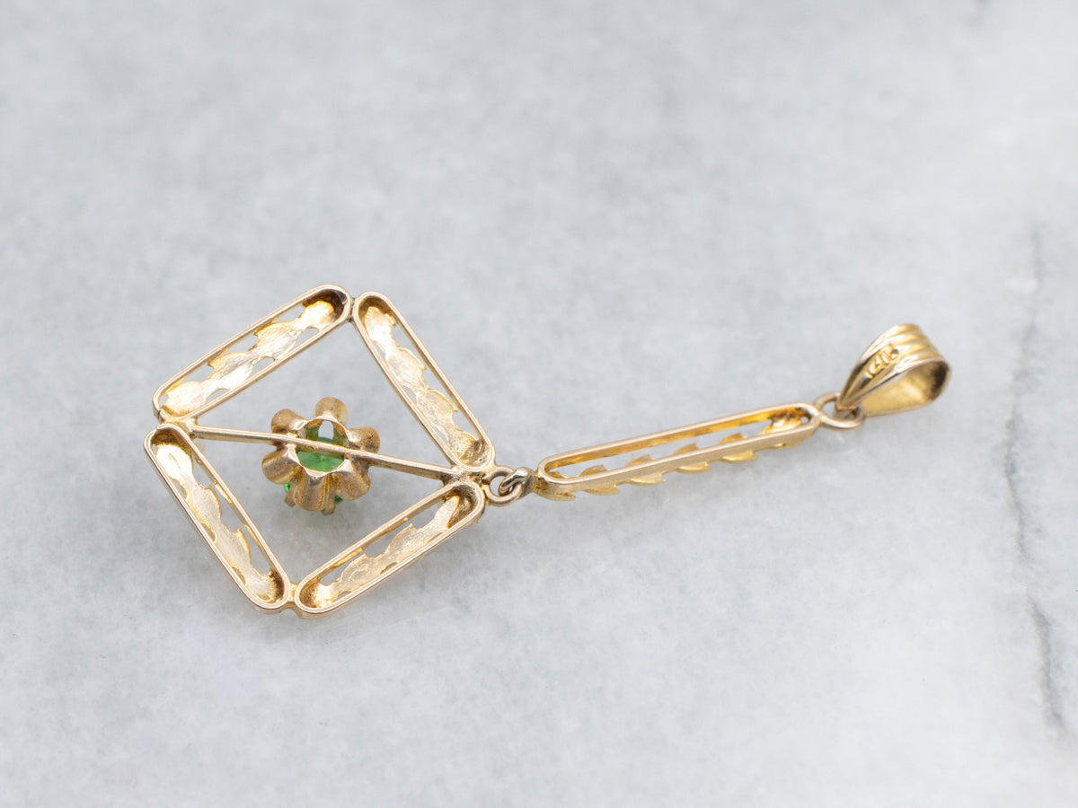 Green Garnet and Pearl Antique Gold Lavalier Pendant