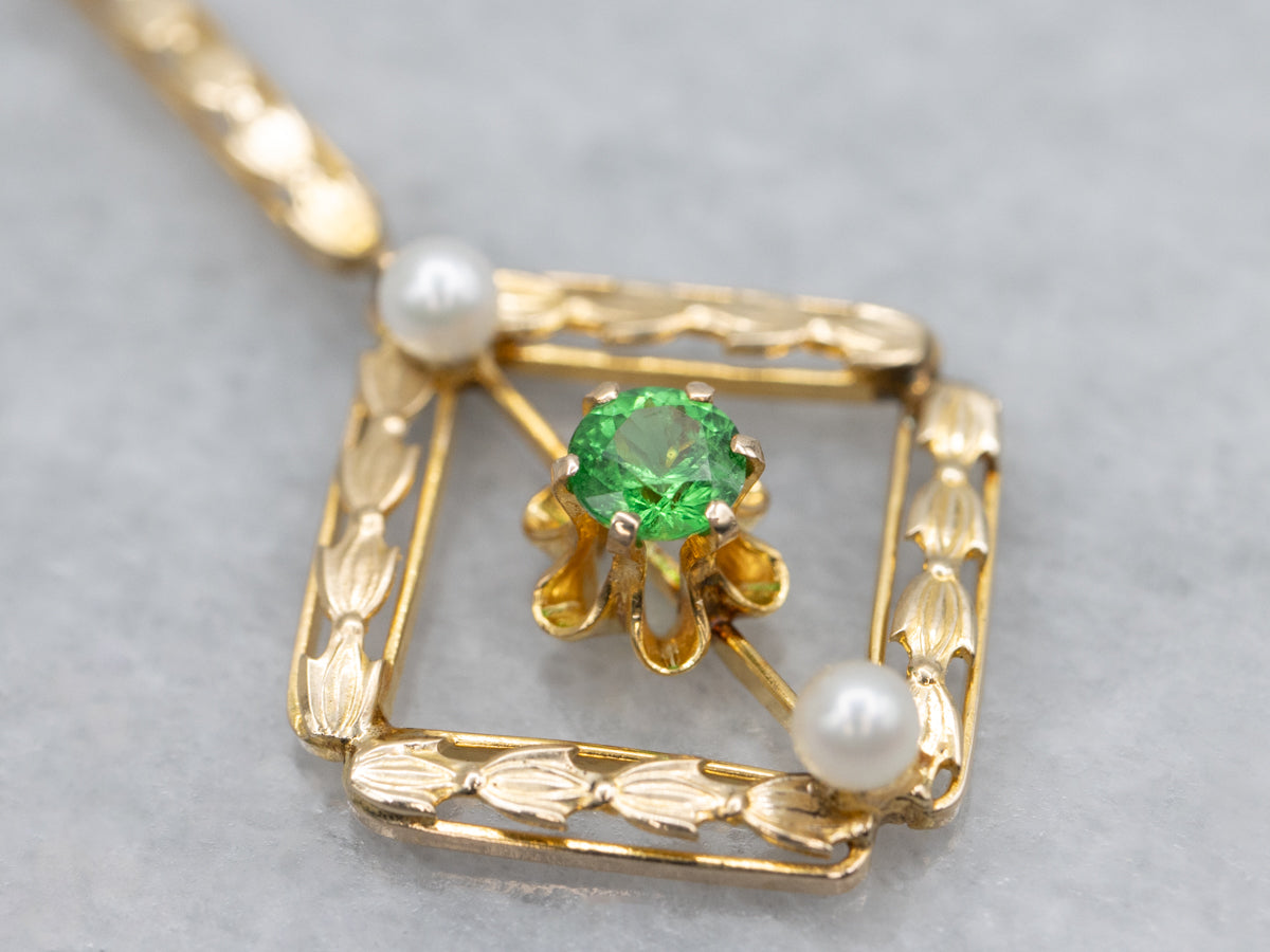 Green Garnet and Pearl Antique Gold Lavalier Pendant