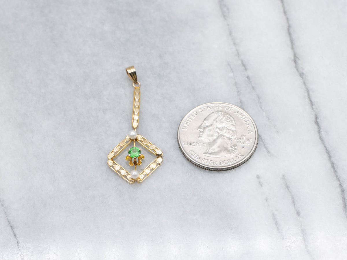 Green Garnet and Pearl Antique Gold Lavalier Pendant