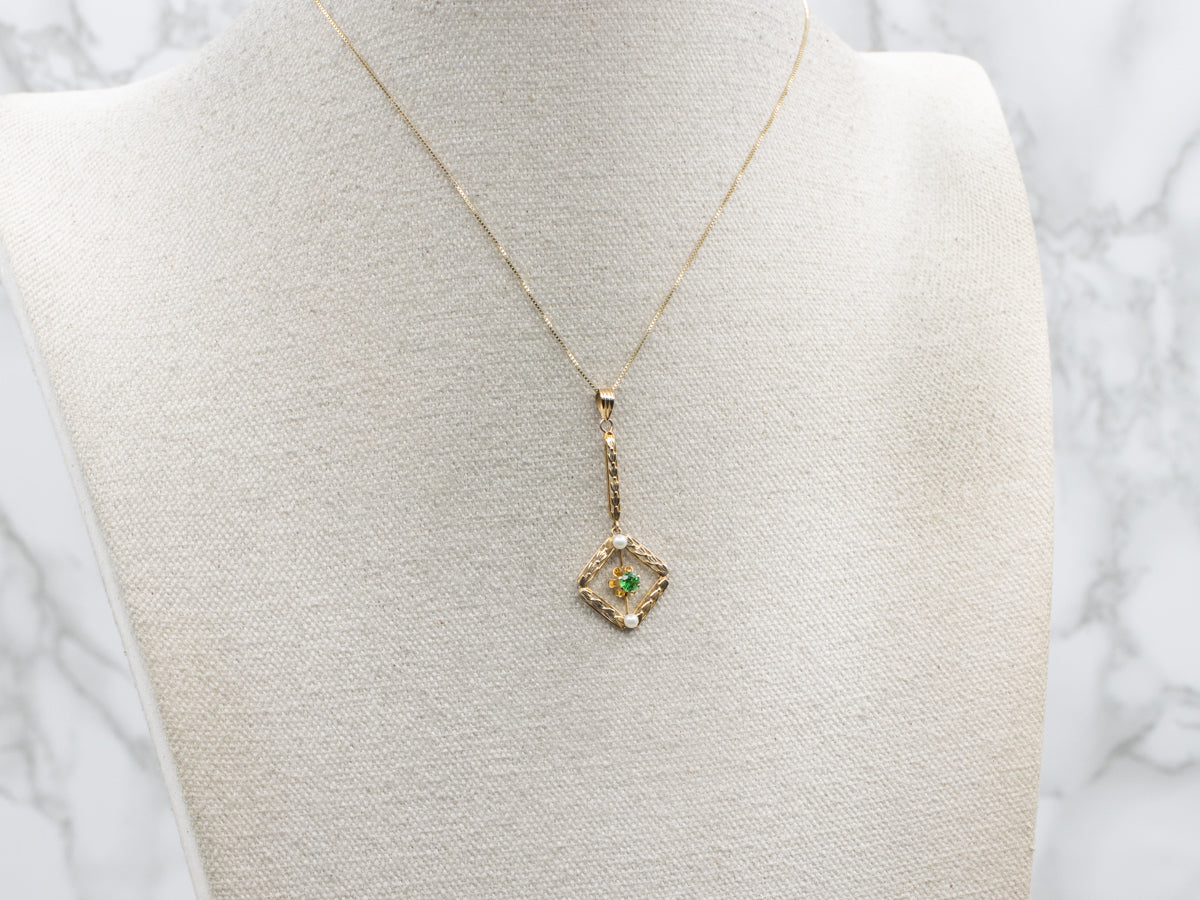 Green Garnet and Pearl Antique Gold Lavalier Pendant