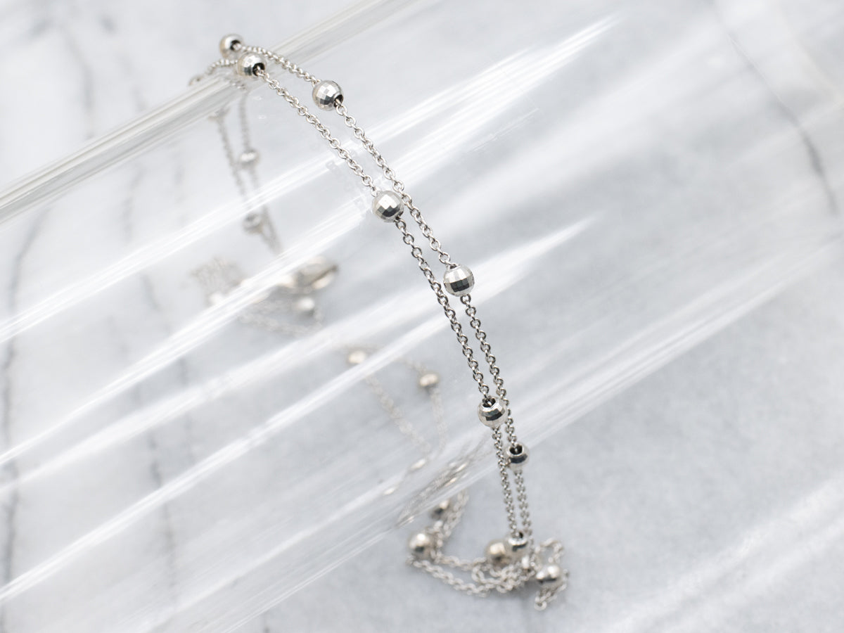 Double Strand Faceted Beaded White Gold Bracelet or Anklet
