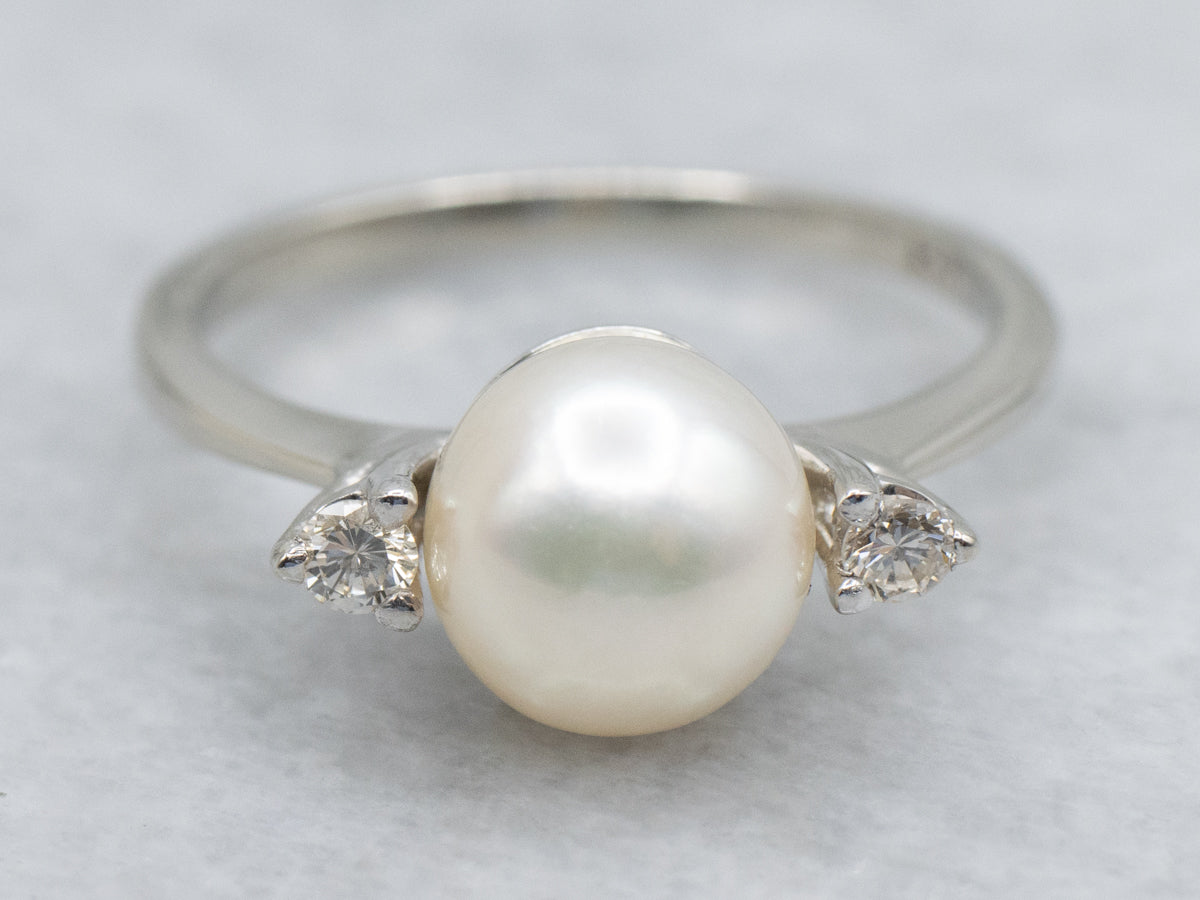 White Gold Pearl and Diamond Ring