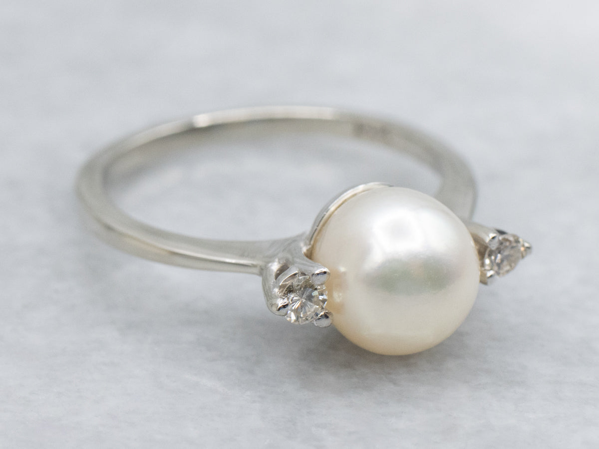 White Gold Pearl and Diamond Ring