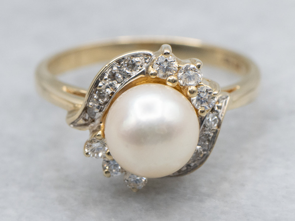 Saltwater Pearl and Diamond Halo Yellow Gold Ring