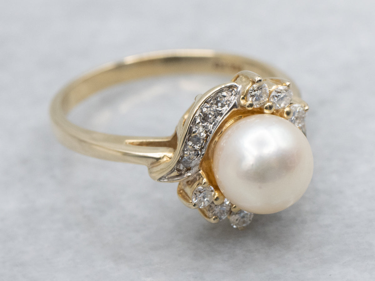 Saltwater Pearl and Diamond Halo Yellow Gold Ring