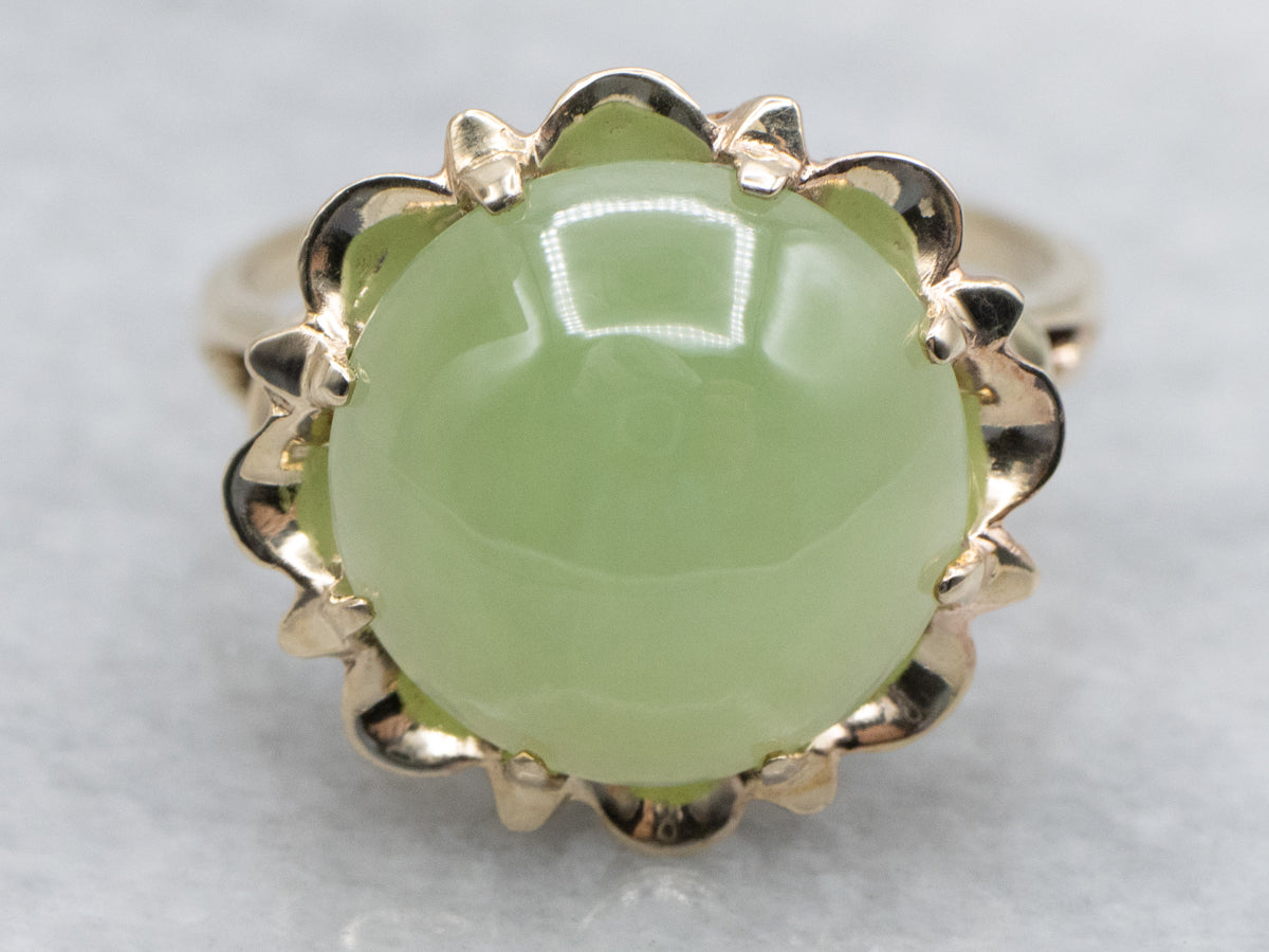 Round Cut Nephrite Jade Cabochon in Vintage Gold Scalloped Cocktail Setting