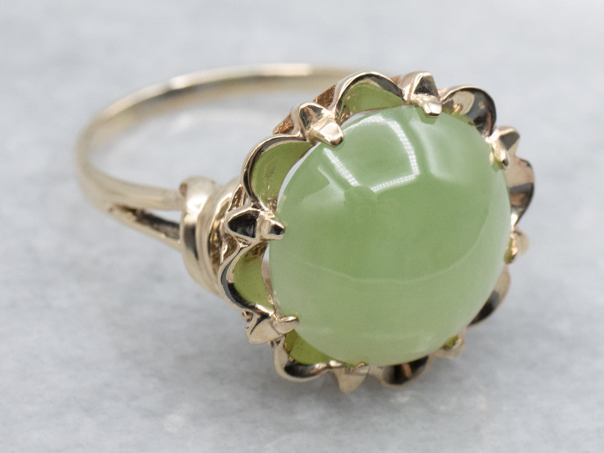 Round Cut Nephrite Jade Cabochon in Vintage Gold Scalloped Cocktail Setting