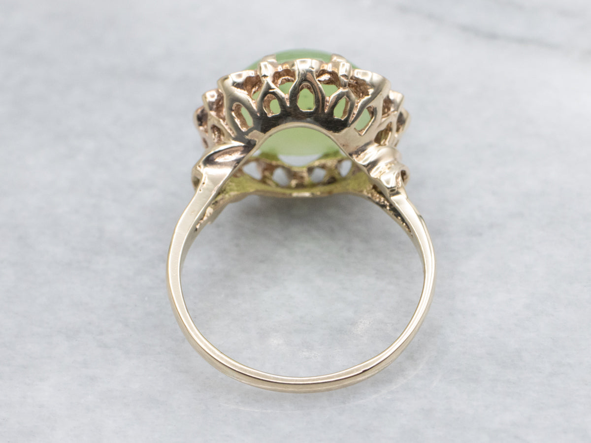 Round Cut Nephrite Jade Cabochon in Vintage Gold Scalloped Cocktail Setting
