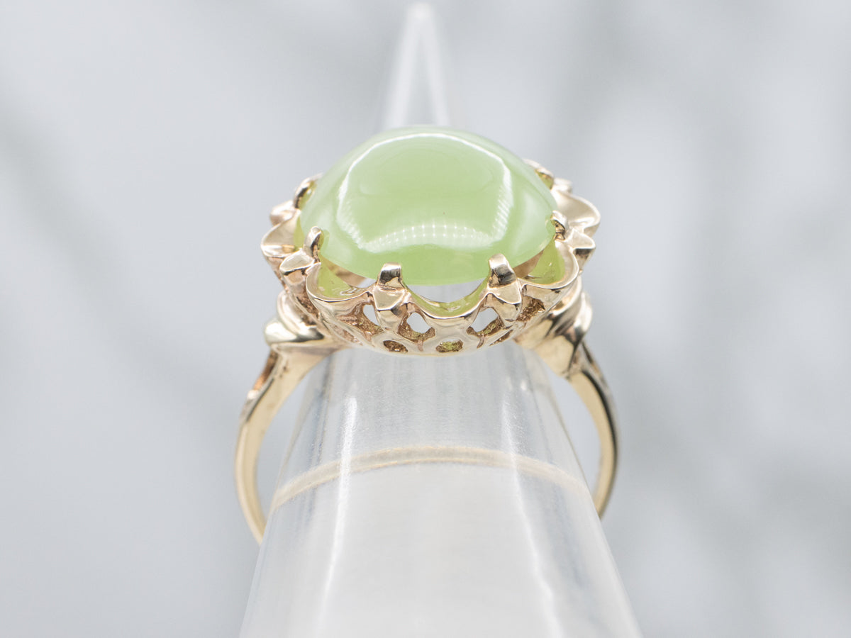 Round Cut Nephrite Jade Cabochon in Vintage Gold Scalloped Cocktail Setting
