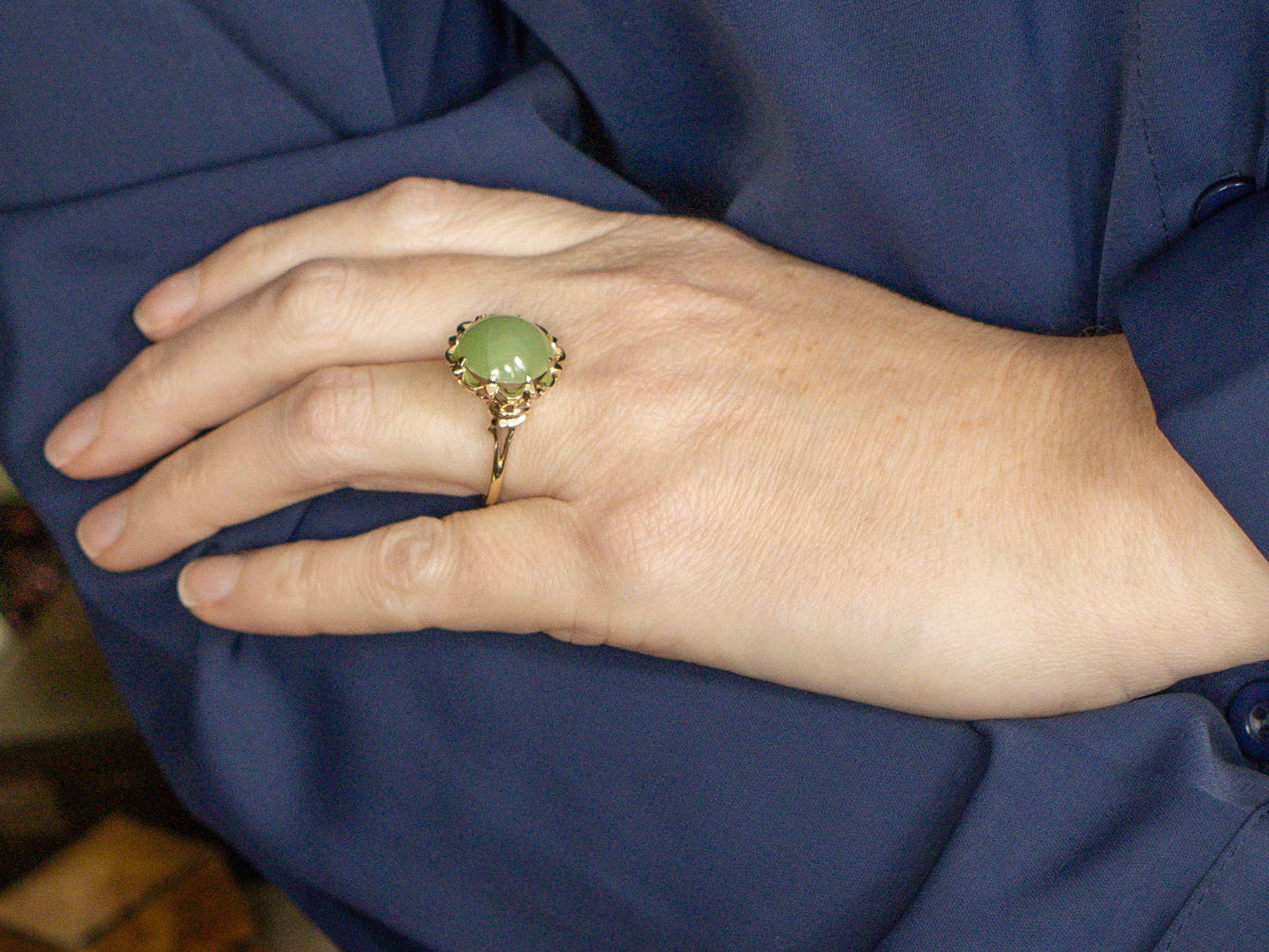 Round Cut Nephrite Jade Cabochon in Vintage Gold Scalloped Cocktail Setting