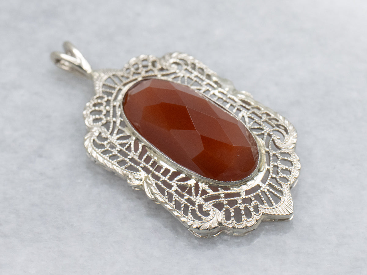 Faceted Carnelian White Gold Filigree Deco Pendant