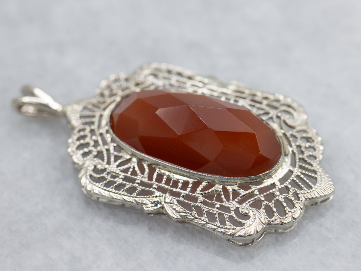 Faceted Carnelian White Gold Filigree Deco Pendant