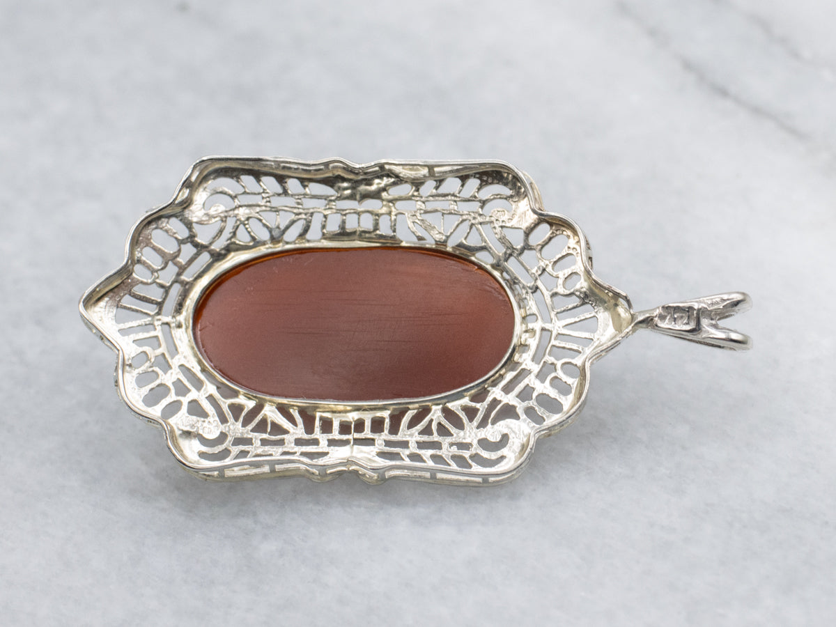 Faceted Carnelian White Gold Filigree Deco Pendant