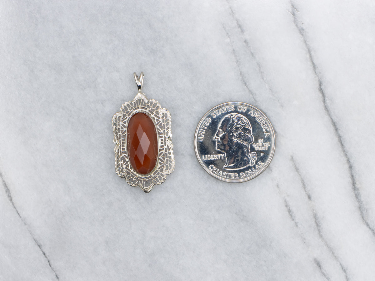 Faceted Carnelian White Gold Filigree Deco Pendant