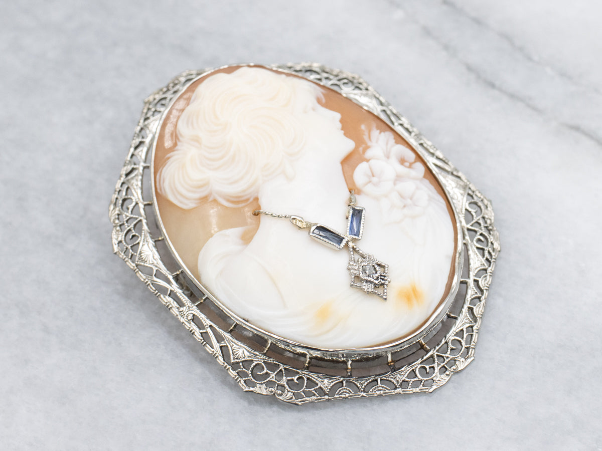 Art Deco Era Cameo Brooch or Pendant with Sapphire and Diamond Accents