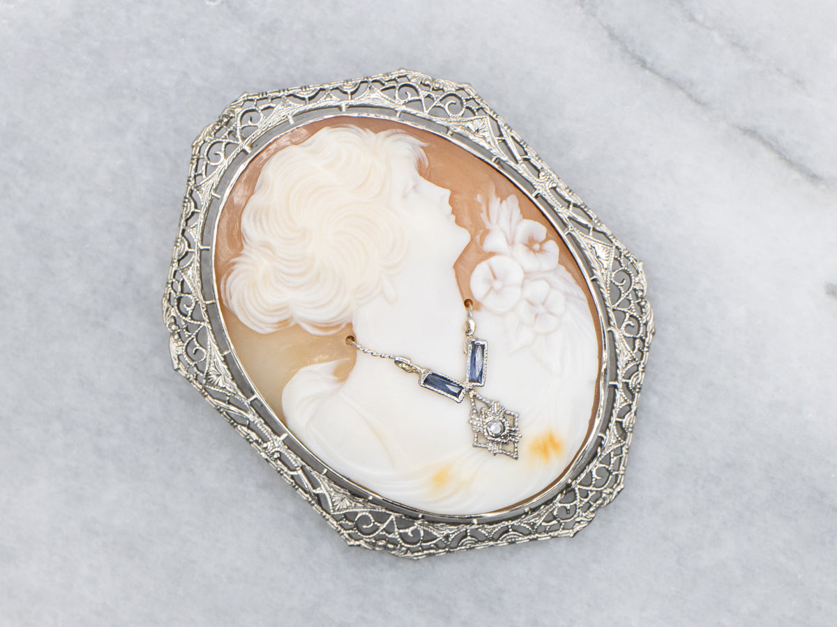 Art Deco Era Cameo Brooch or Pendant with Sapphire and Diamond Accents